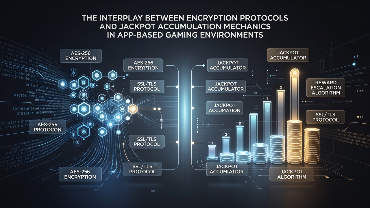 Diagram showing encrypted data packets moving from player apps through secure gateways into a central jackpot ledger